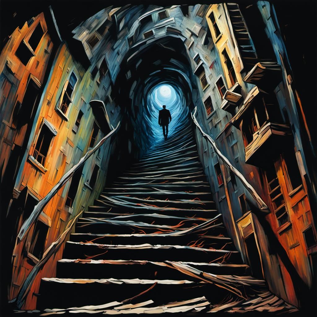 Trapped in a Descent into Madness, in Vibrant Surrealist Oil...