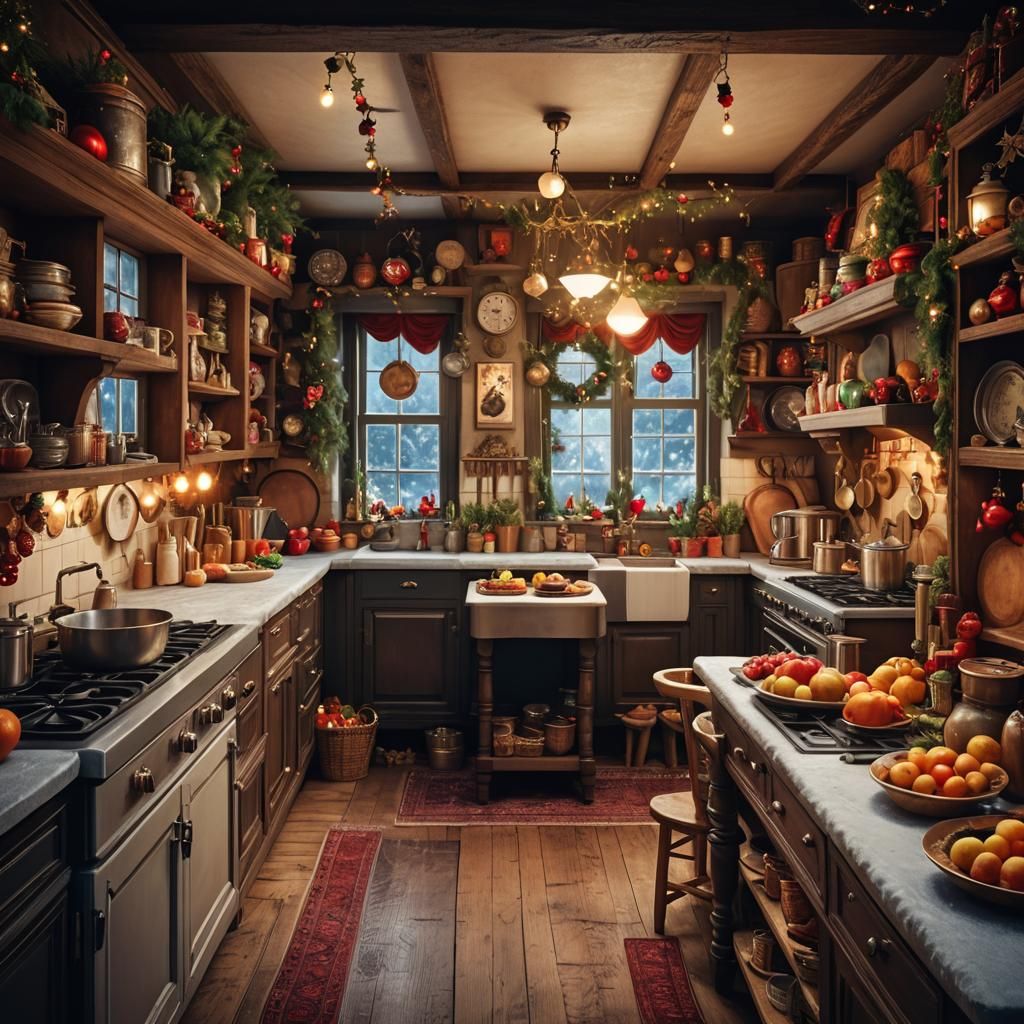 Christmas Decorated Cozy Vintage Kitchen