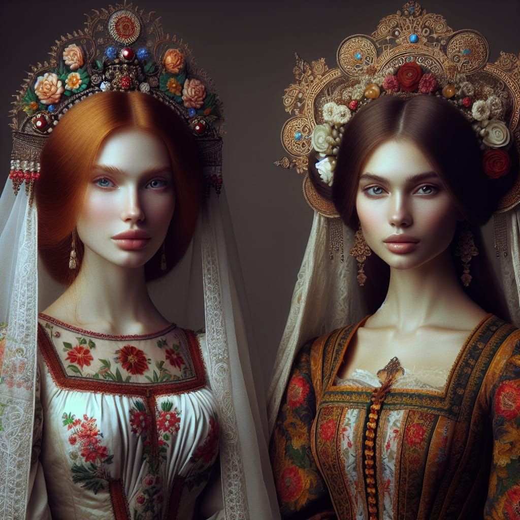 Two Russian Princesses in Traditional Attire