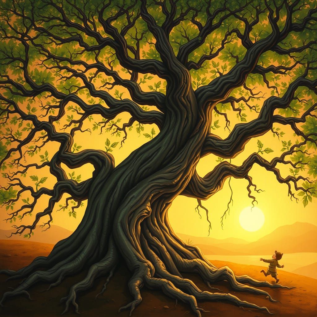 Surreal Family Tree with Gnarled Roots and Vibrant Leaves