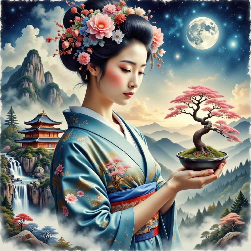 Geisha with Bonsai in Double Exposure Style