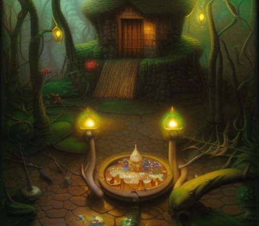 Magical Wizard Hut in Moonlit Swamp