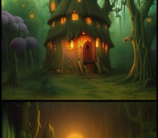 Magical Wizard's Hut in Swamp, Digital Illustration