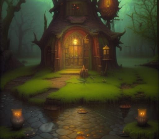 Magical Wizard's Hut in Swamp: Detailed Digital Illustration