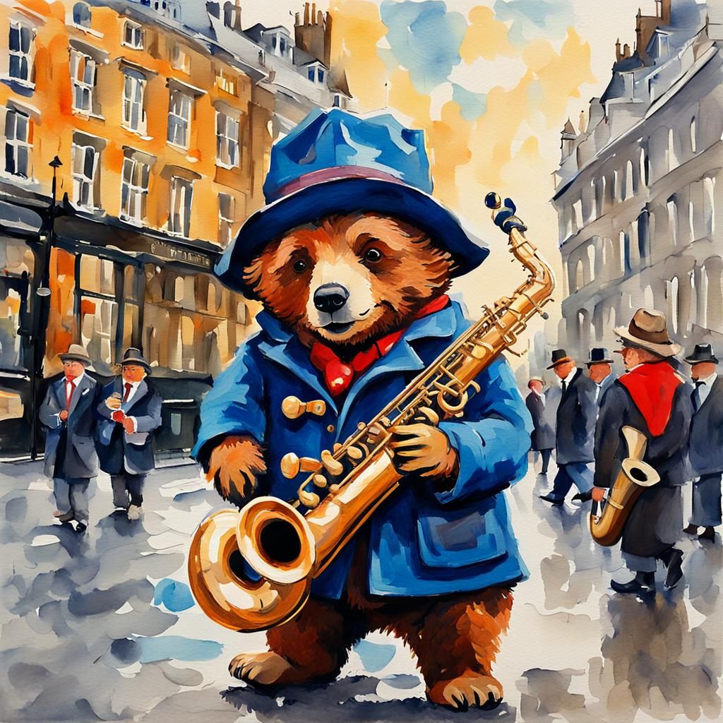 Paddington Bear Busking in London, Gouache Style