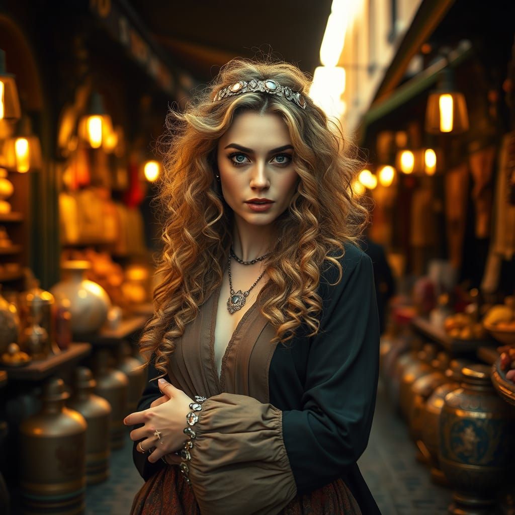 Captivating Woman in Marketplace, Cinematic Style