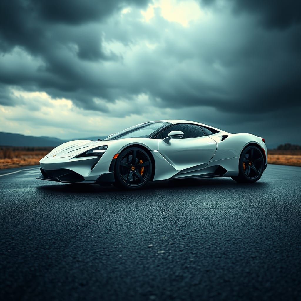 Sleek White Sports Car on Rain-Soaked Road