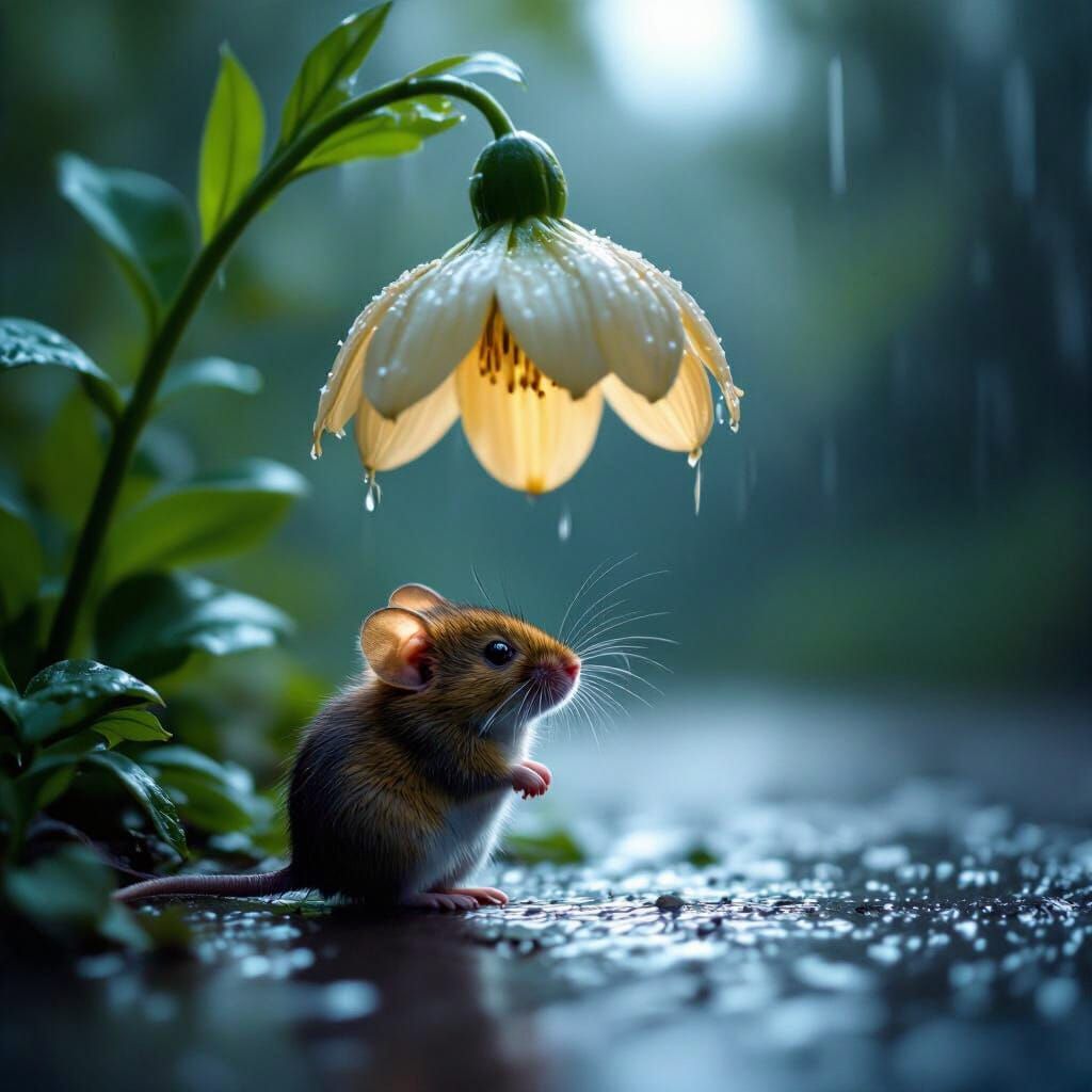 Mouse Under Flower in Rain: Melancholic Film Still