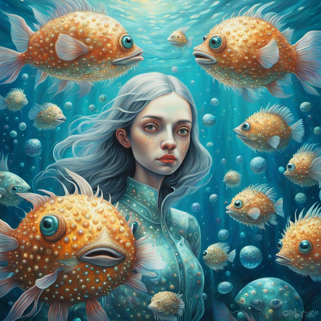 Underwater Extraterrestrial with Spear in Surreal Oil Painti...