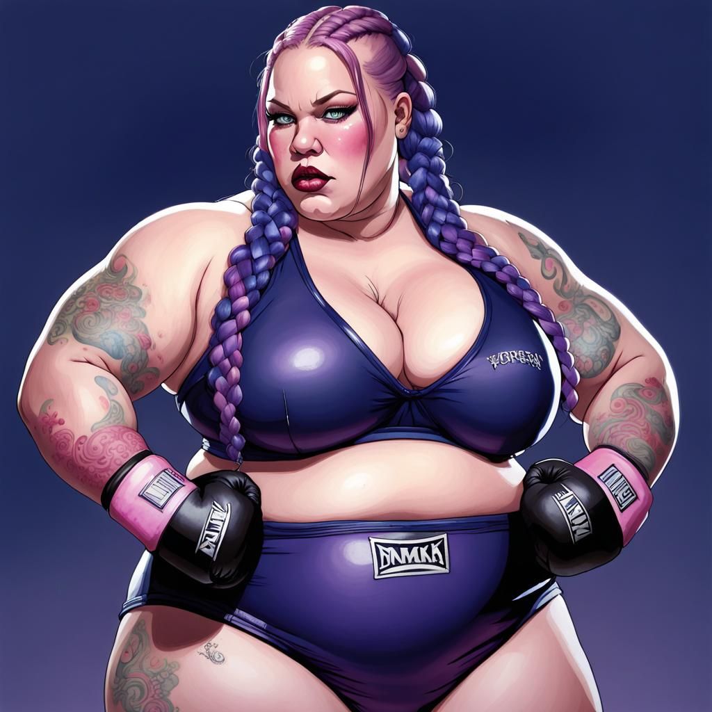 SSBBW MMA Champion with Purple Braids, Watercolor Illustrati...