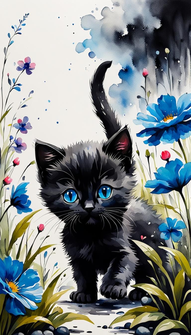 Minimalist Japanese Ink Painting of Black Kitten