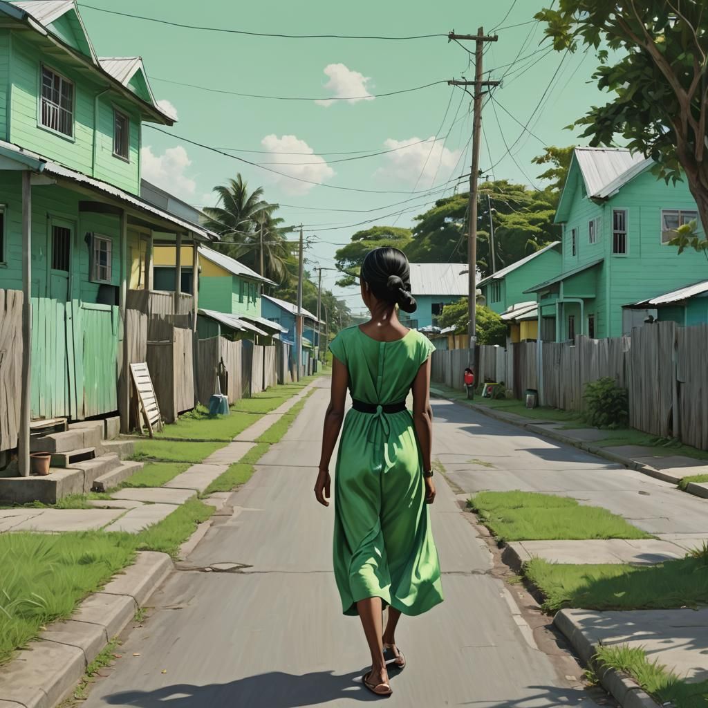Woman in Green Dress on Suburban Street