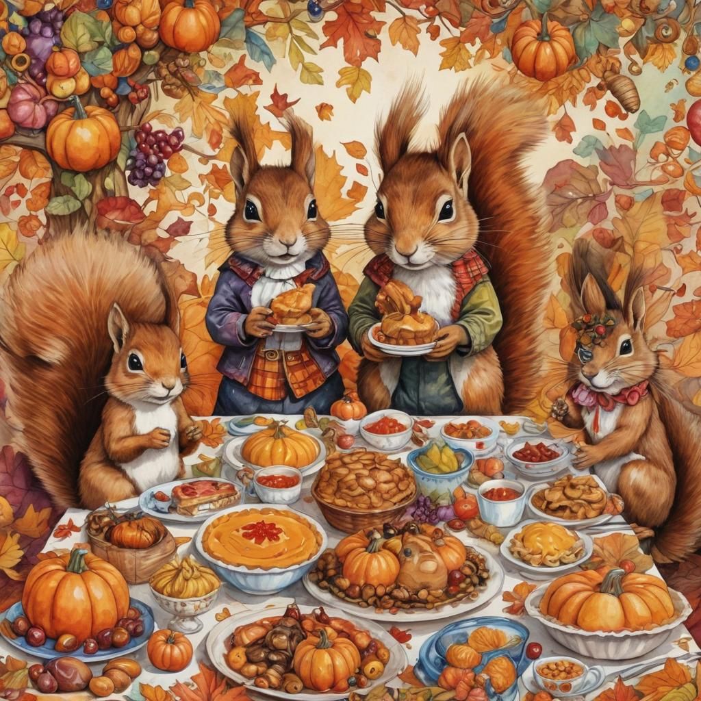 Squirrels Celebrate Thanksgiving: Watercolor Fractal Art