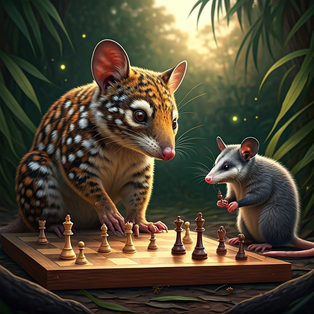 Playing Possum - Spotted Tiger Quoll playing chess with a Possum