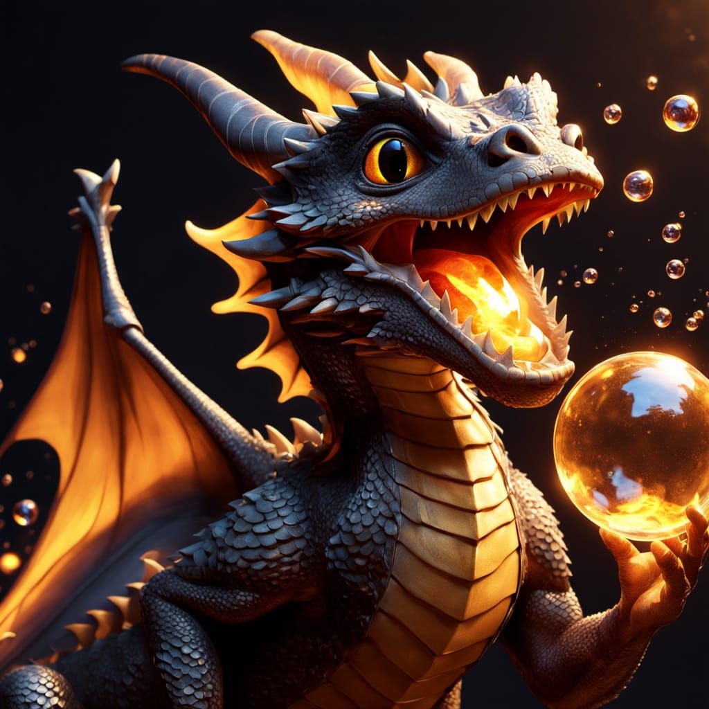 Baby Dragon's Fiery Bubbles in 3D Digital Art