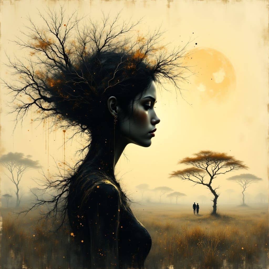 Barren Tree Silhouette as Woman in Dreamlike Landscape