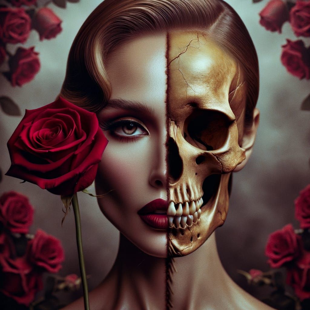 Surreal Portrait of Duality and Mortality in Cinematic Style