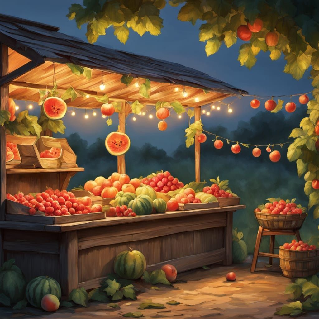 Impressionistic Kiosk at Dusk with Fruits