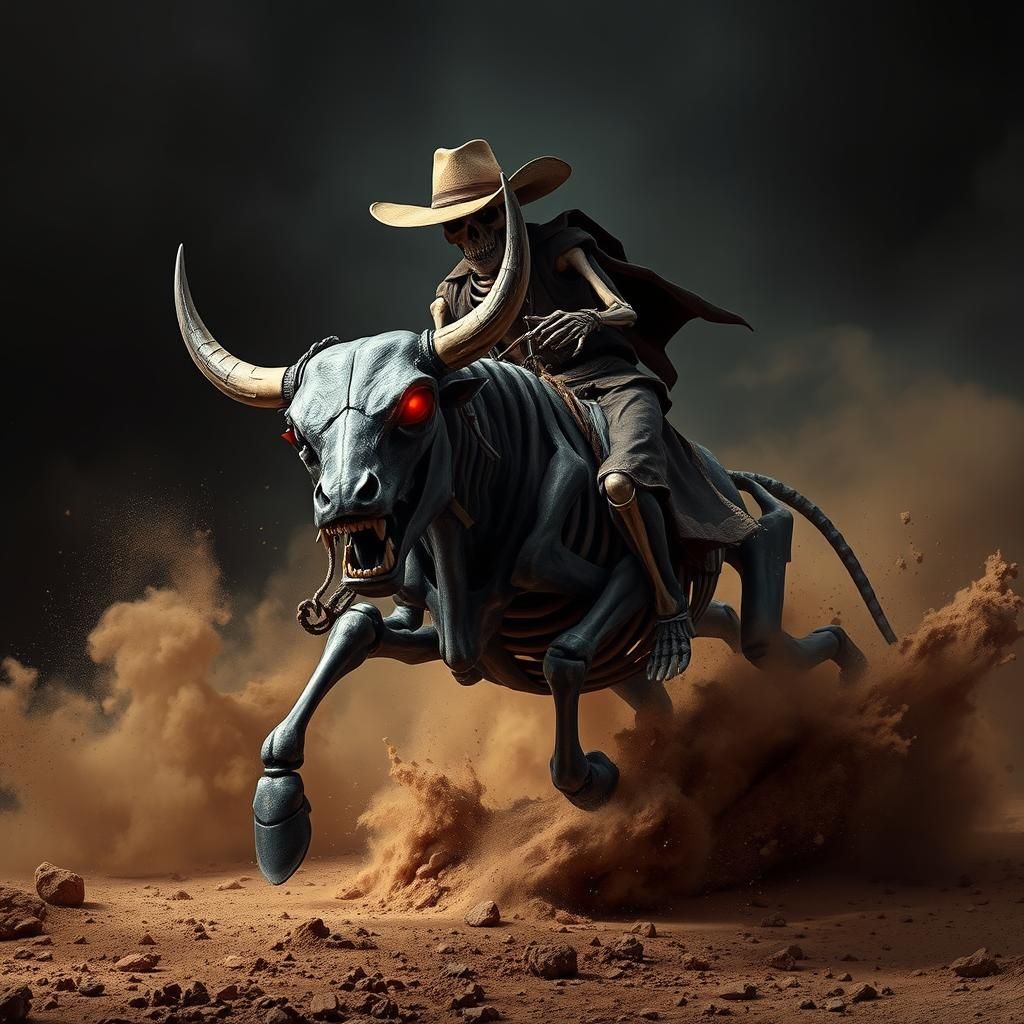 Skeletal Cowboy Rides Raging Bull from Underworld