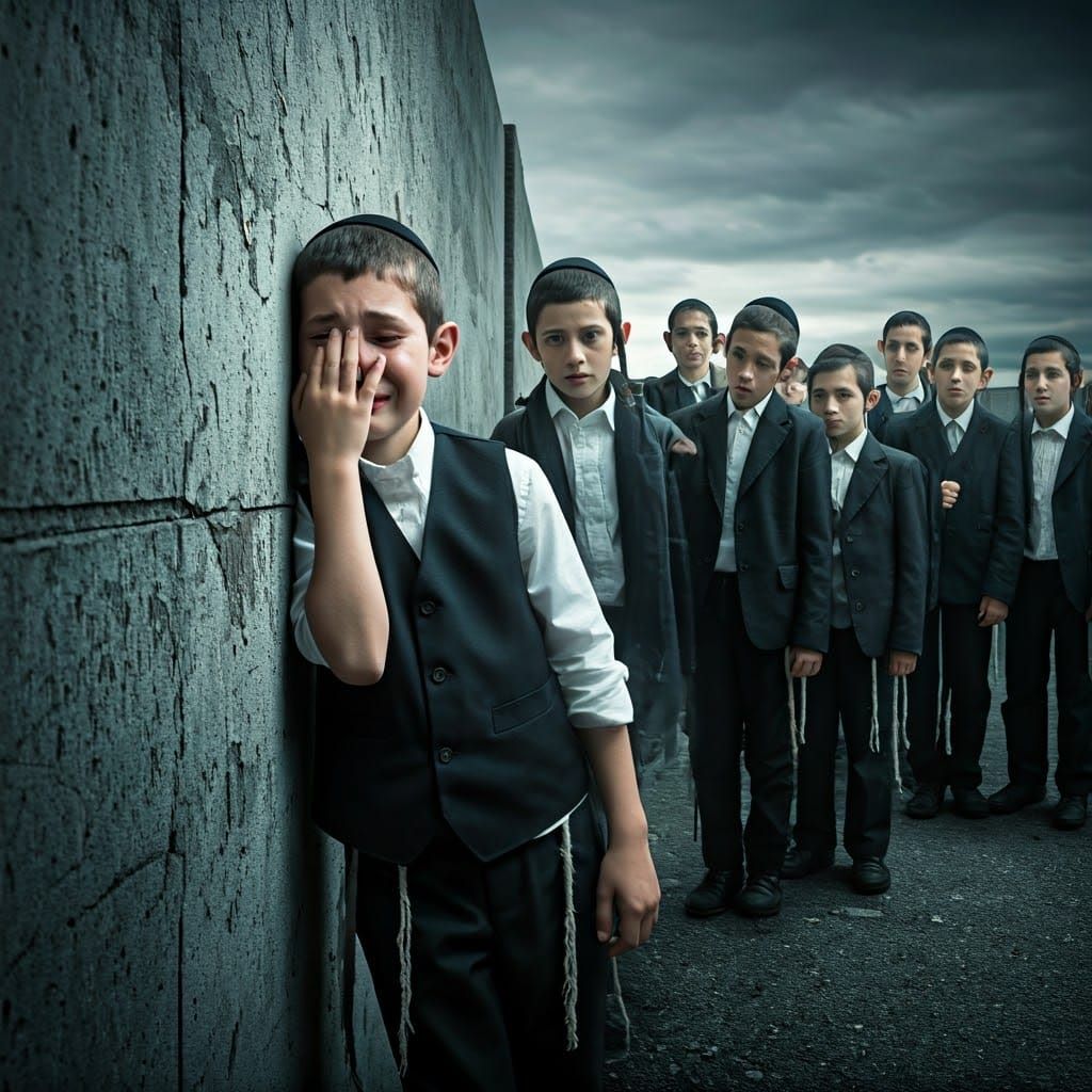 Jewish Boy's Anguish in Photorealistic Parking Lot