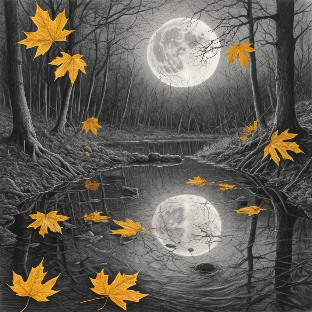 Moon Reflection in Woodland Pond, Charcoal Drawing