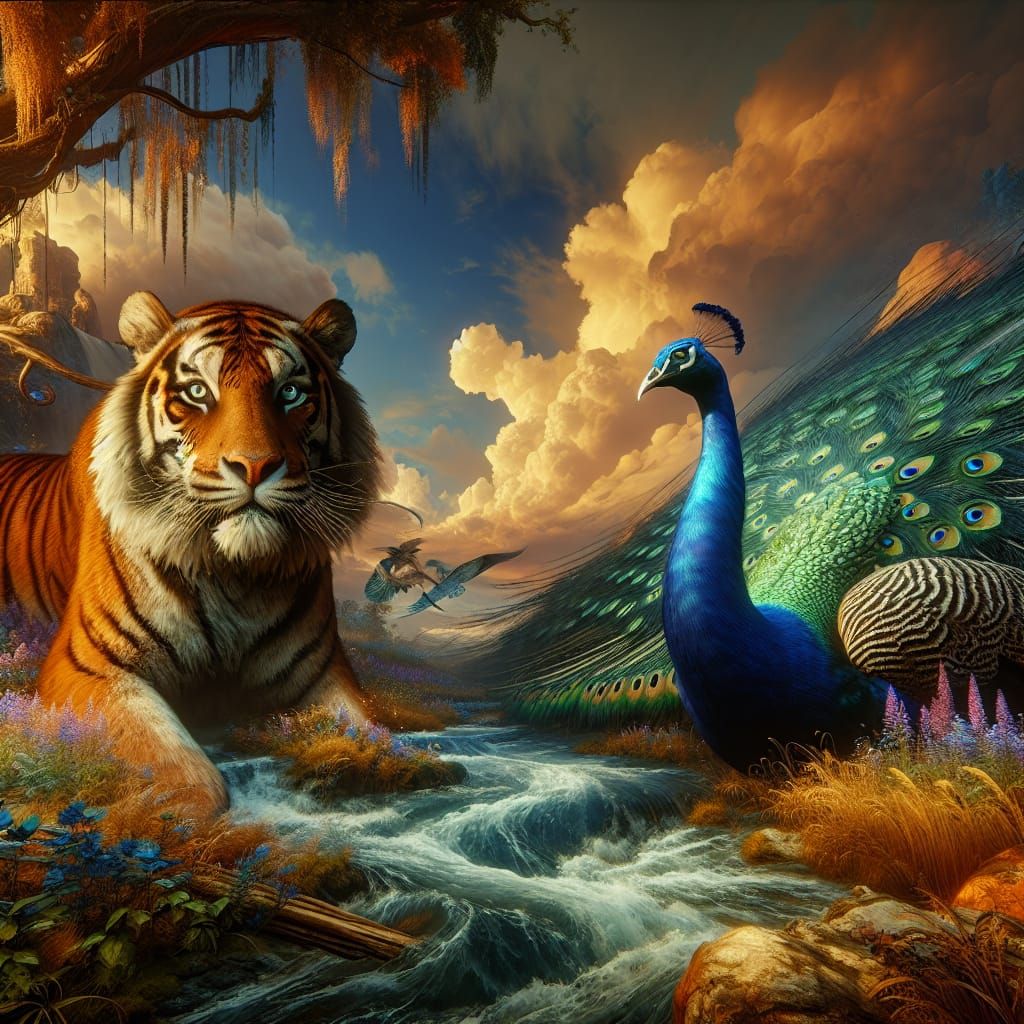 Tiger and Peacock Symbiosis in Matte Painting Style