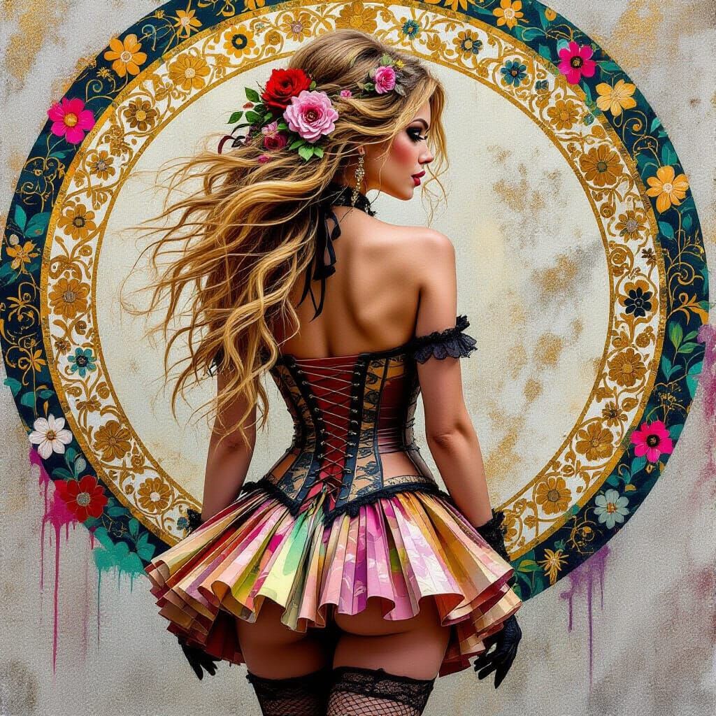 Steampunk Woman with Flowing Hair in Klimt Graffiti Style