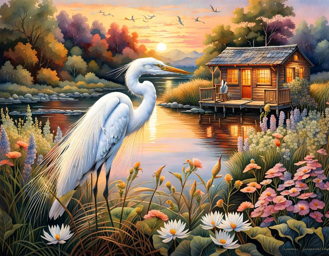 Egret and Cabin Watercolor Painting at Sunset