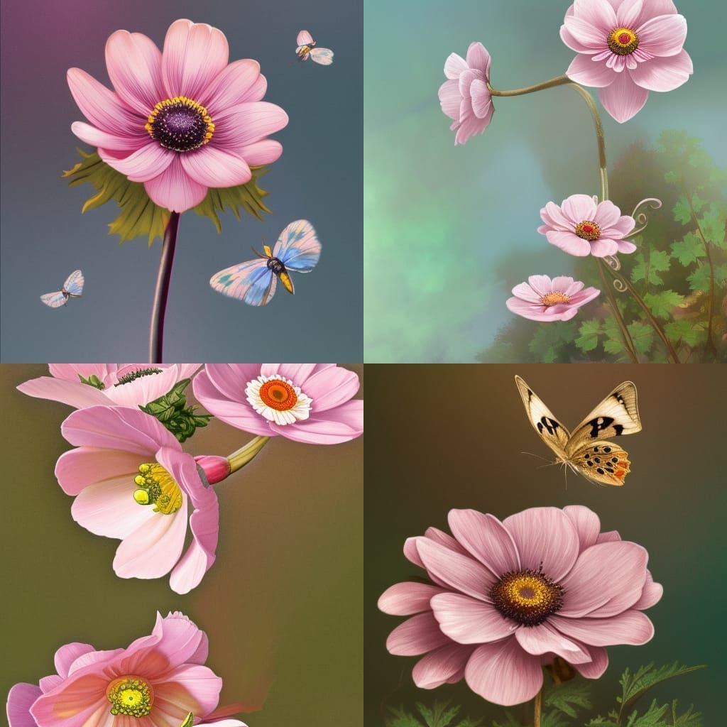 Pink Anemones and Butterfly in Macro Detail