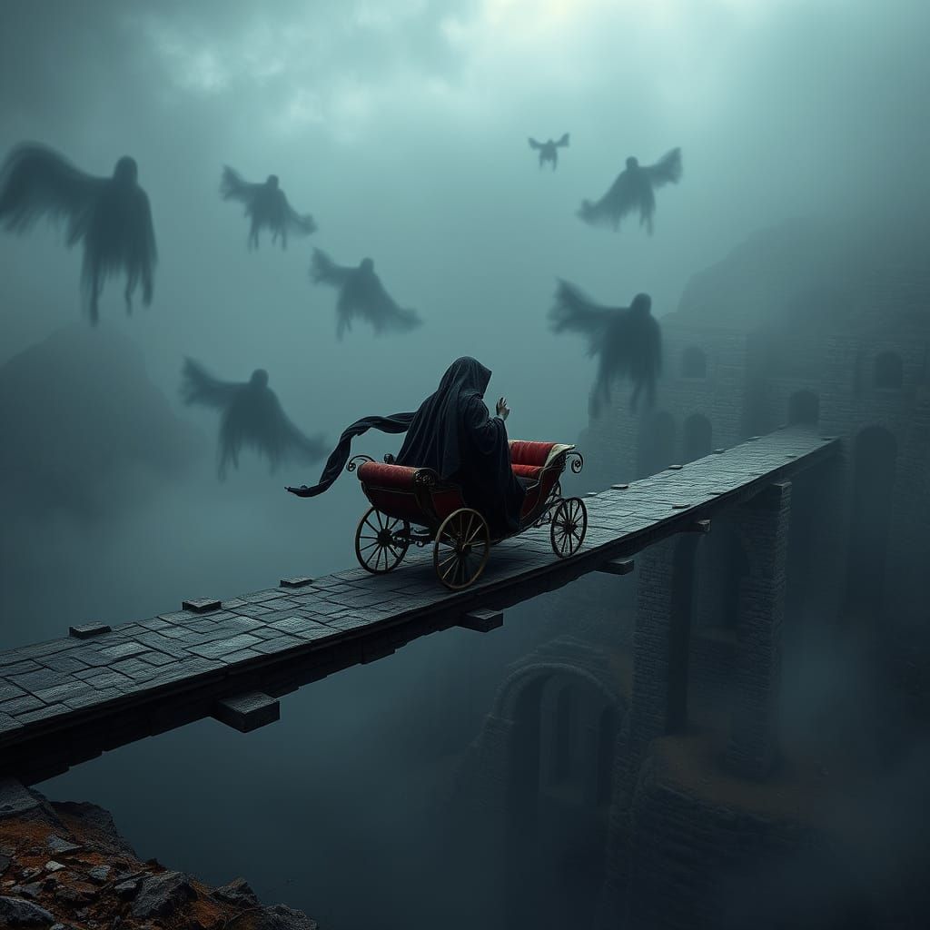 Ethereal Carriage Ride Across a Fog-Shrouded Chasm