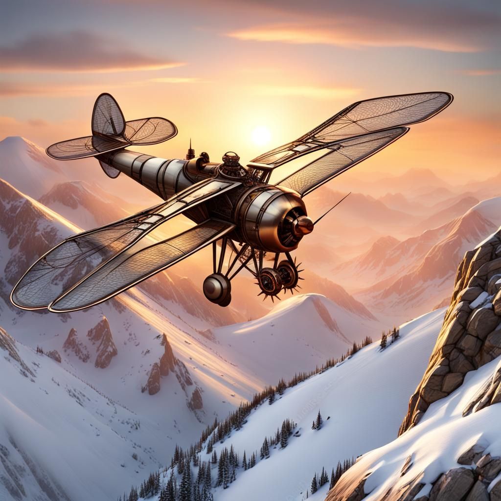 Steampunk Dragonfly Fighter Plane Sunset Flight