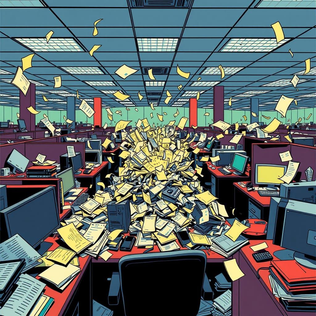 Corporate Office Chaos: Dramatic Illustration Style