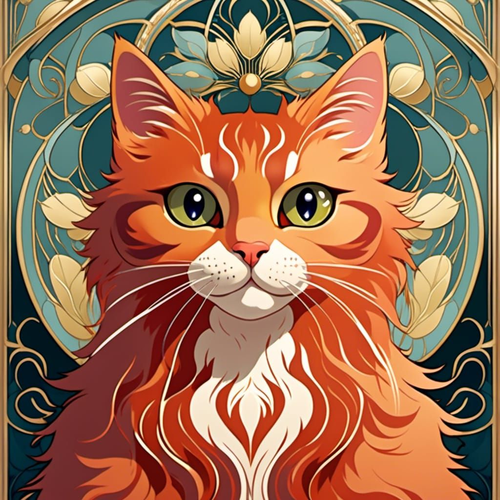 Art Nouveau Portrait of a Cute Fluffy Cat