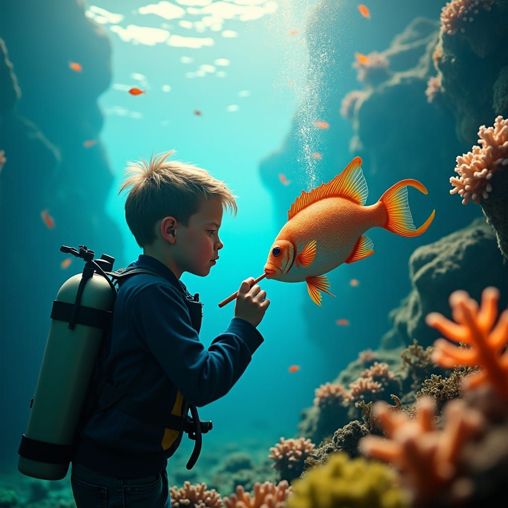 Underwater Artist: Boy Paints Fish in Diving Gear