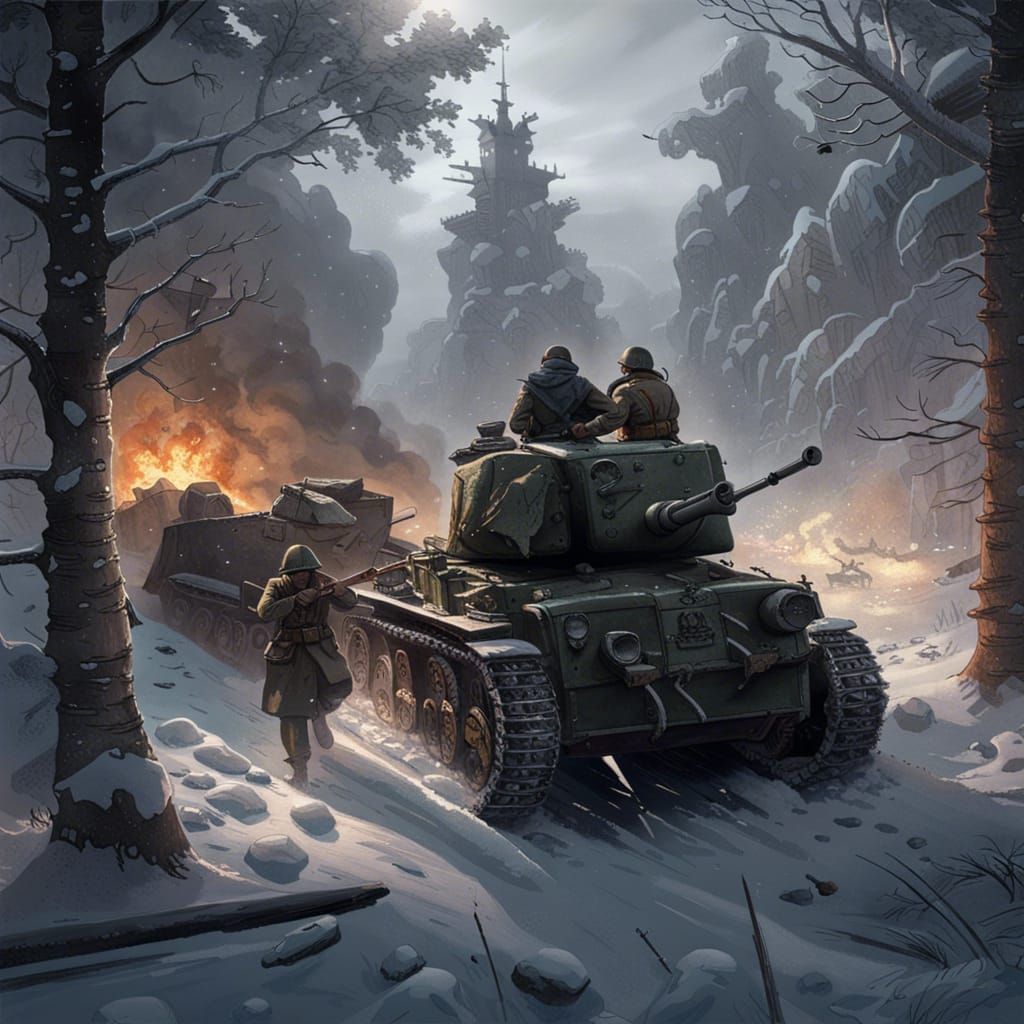 Winter Battle on the Russian Front in Dark Fantasy Style