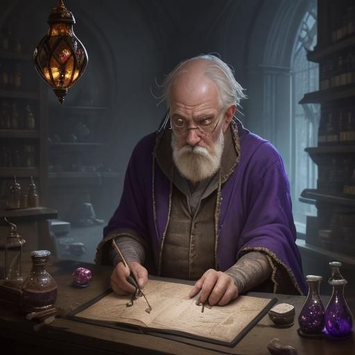 An old man wearing robes in an apothecary working on potions with stones and gems laying on the table