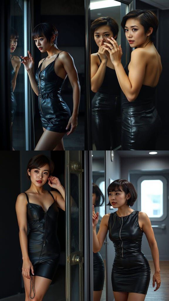 Muscular Asian Woman in Latex Outfit