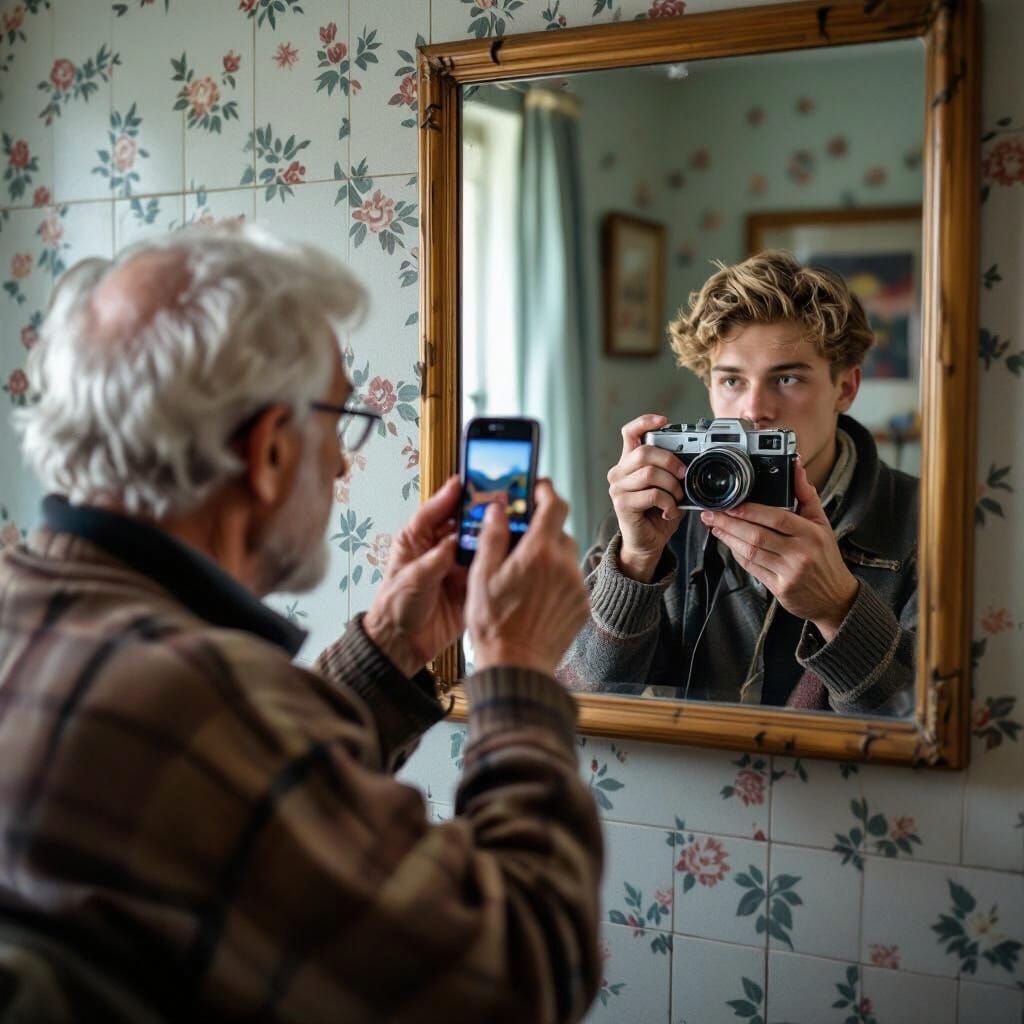 Elderly Photographer's Mirror Reflects Youthful Past