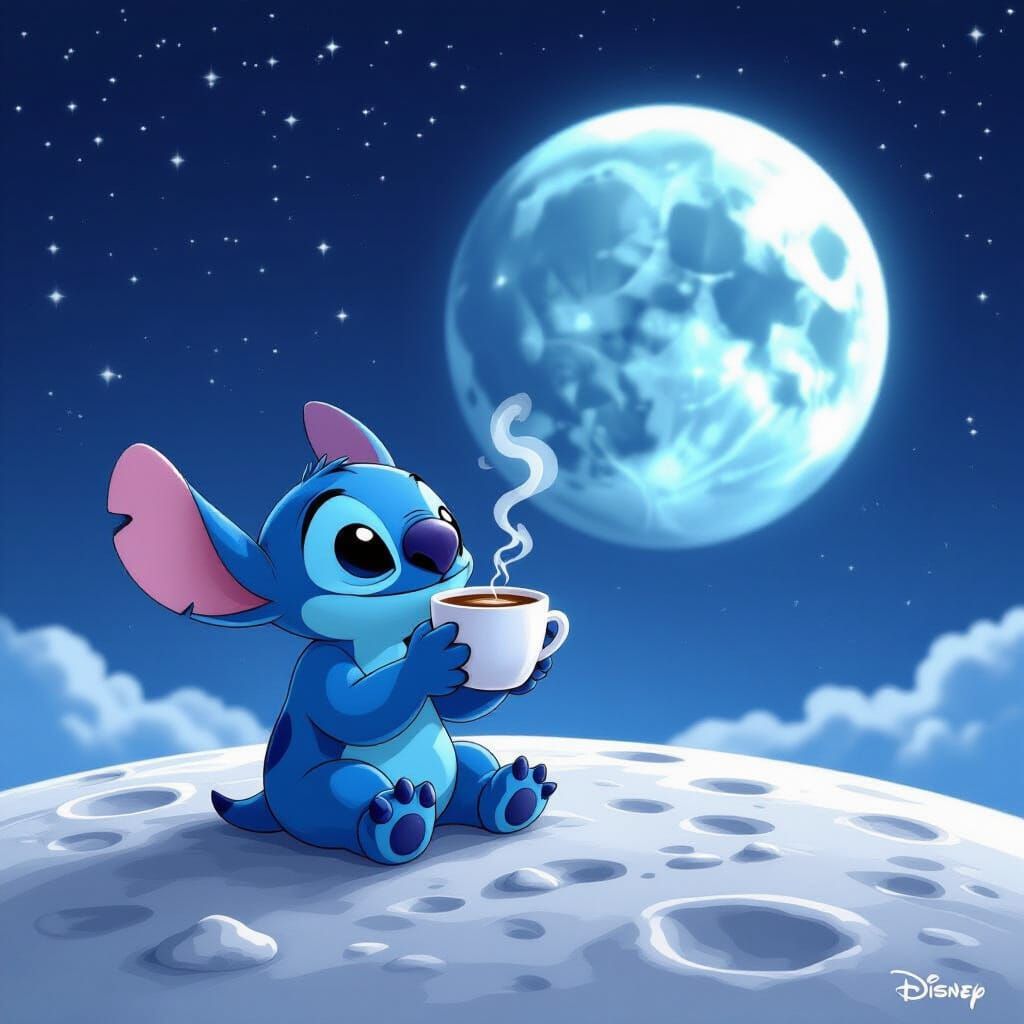 Stitch Enjoys Coffee on the Moon Under Earth's Gaze