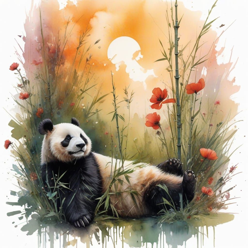 Panda in Bamboo Forest with Poppies Watercolor Painting