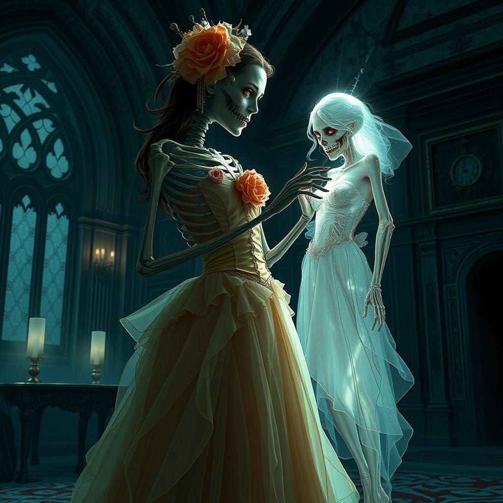 Skeleton Prom Queen Rises Zombie Girl in Gothic Ballroom