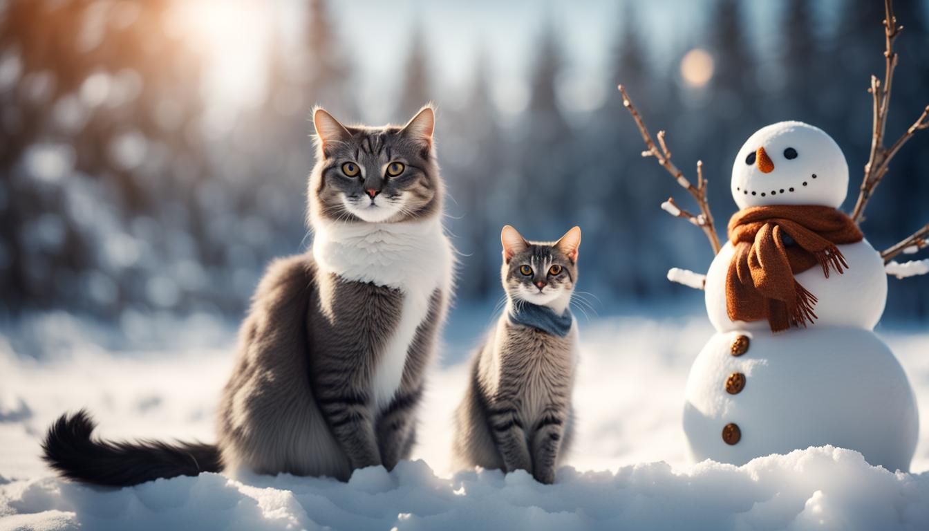Gray Cat with Snowman: Winter Park Scene