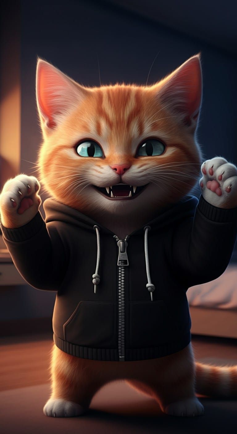 Ginger Kitten in Hoodie: Intense Anime-Style Portrait