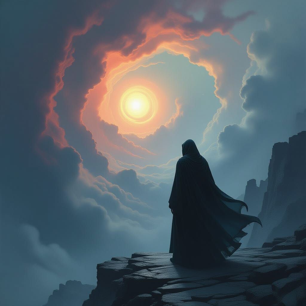 Dark Fantasy Figure at Cosmic Storm Precipice