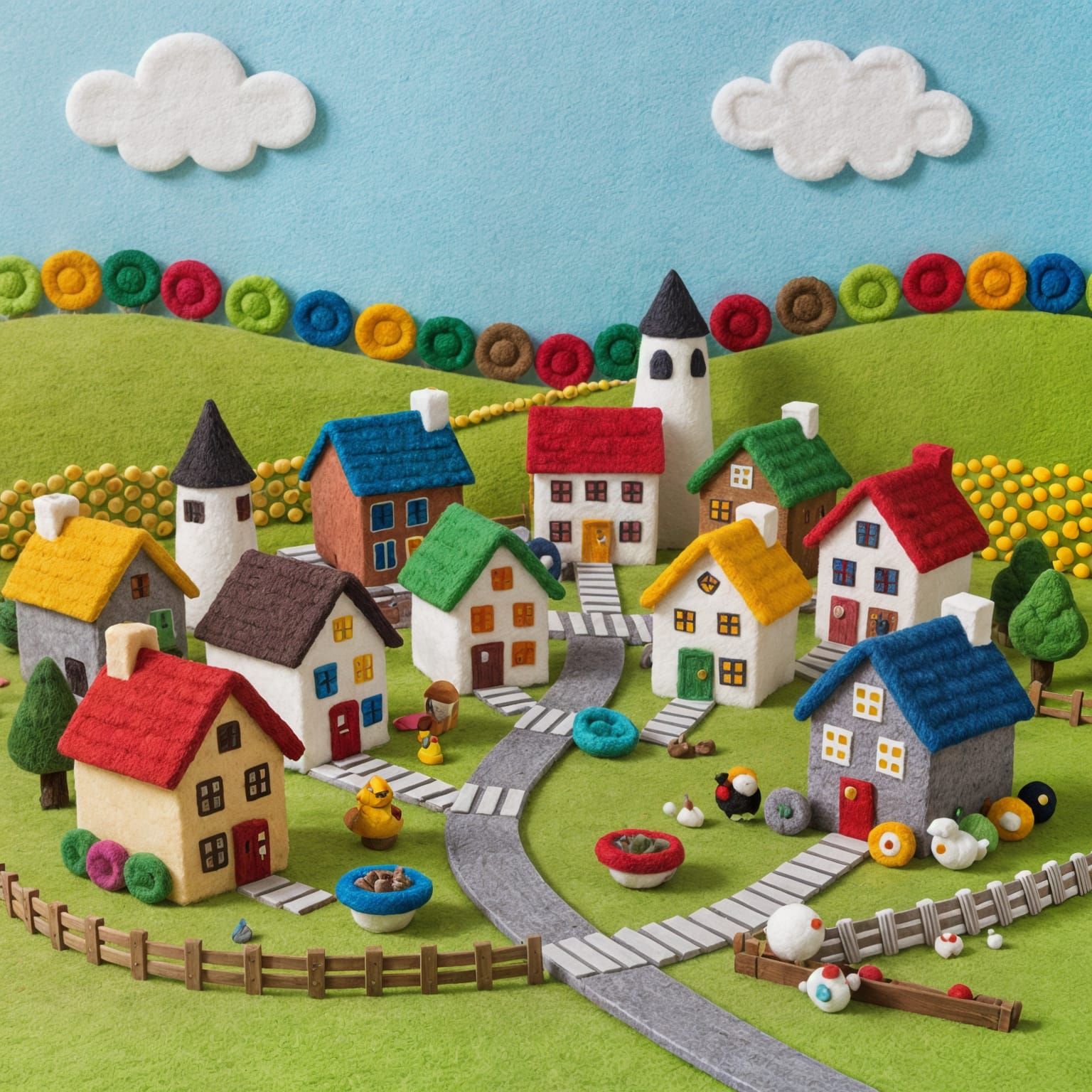Colorful Felted Village in Textile Art Style