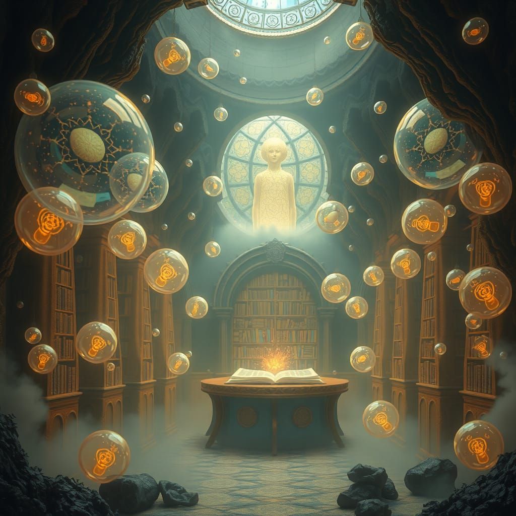 Lost Continent Library Shrouded in Iridescent Bubbles