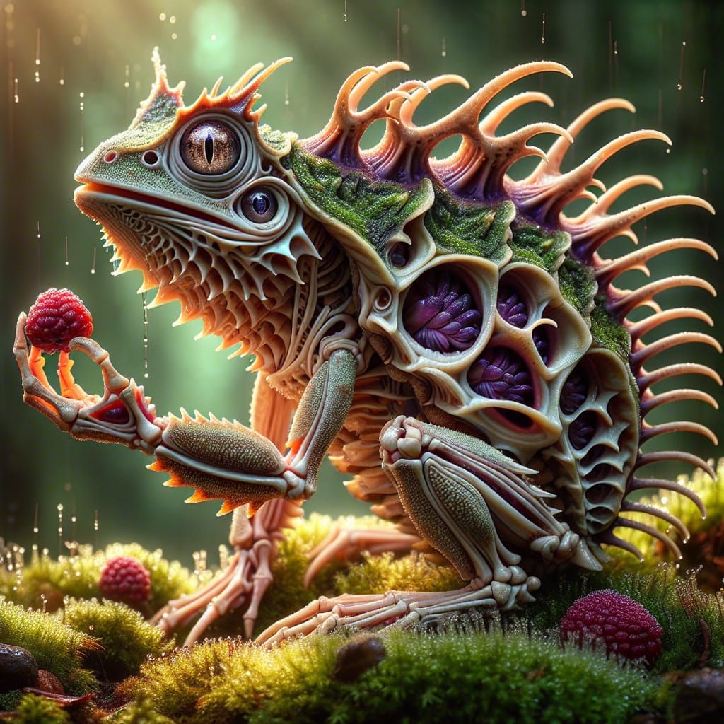 Fantastical Frog-Tortoise with Berry on Mossy Ground