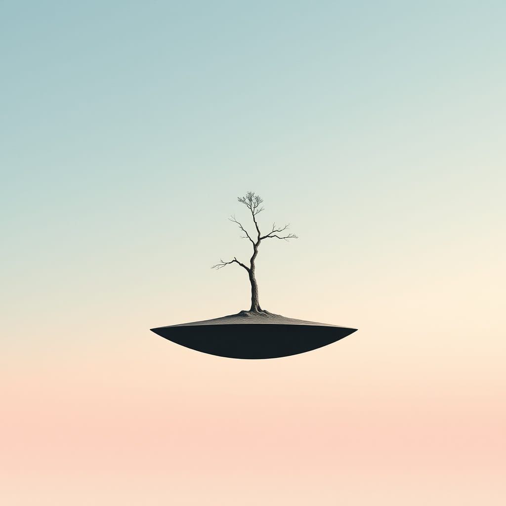 Minimalist Floating Island with Solitary Tree in Soft Gradie...