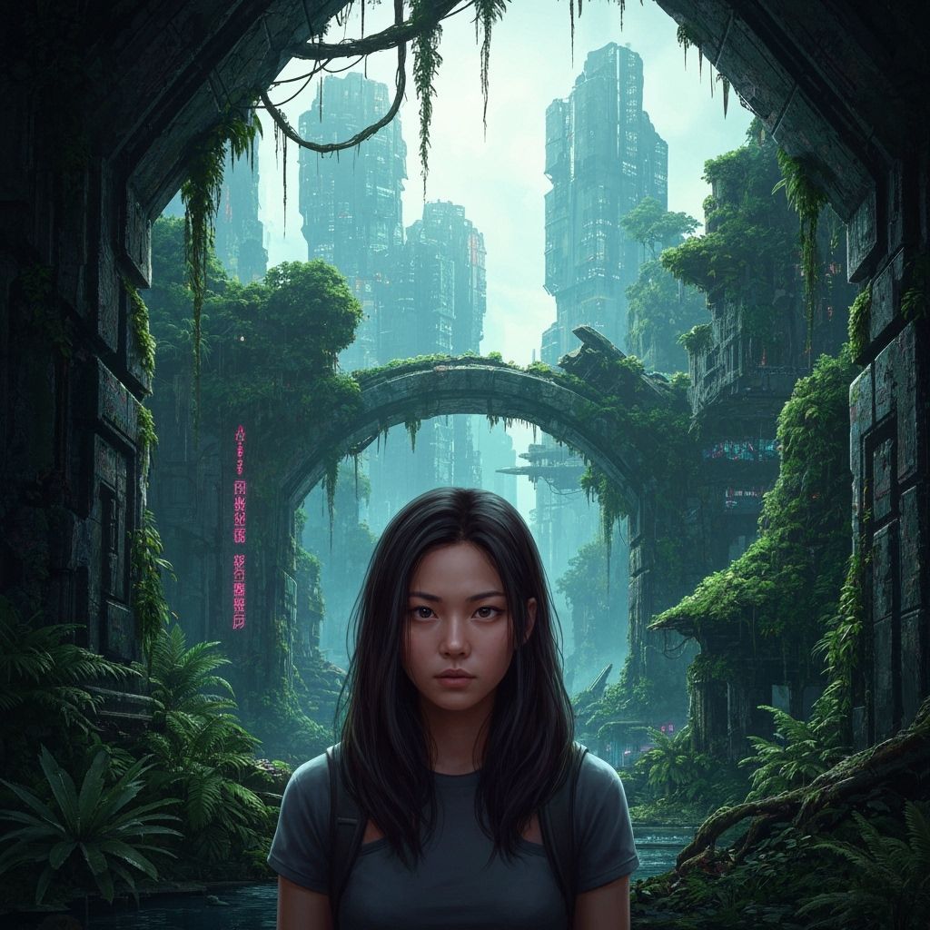 Woman in Futuristic Jungle City, Cyberpunk Neon Lights