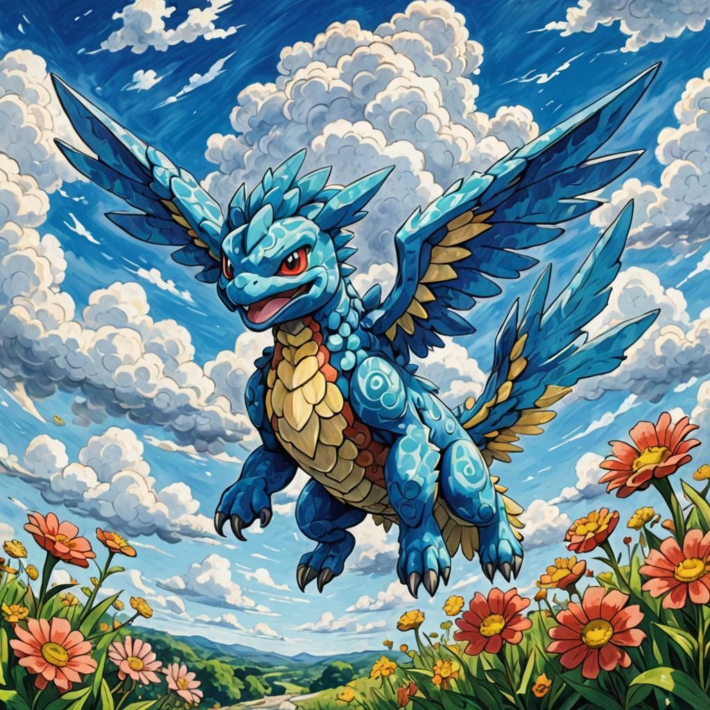 Pokemon Flying in Cloudy Blue Sky Impasto Art